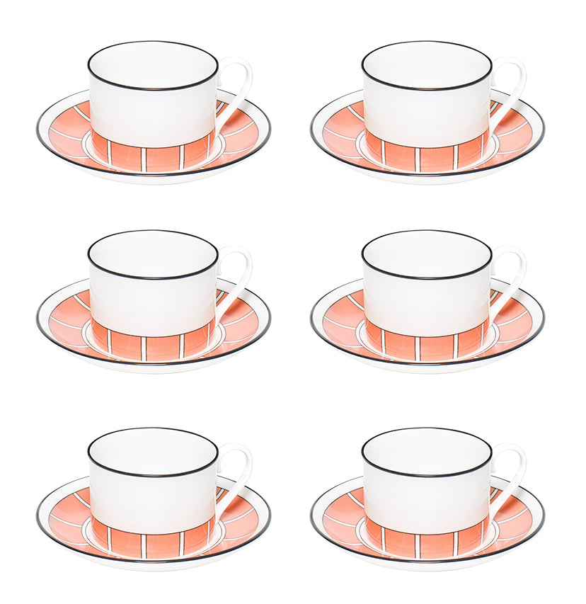 Stripe Coral/White Teacup & Saucer Set of 6 - SPECIAL OFFER