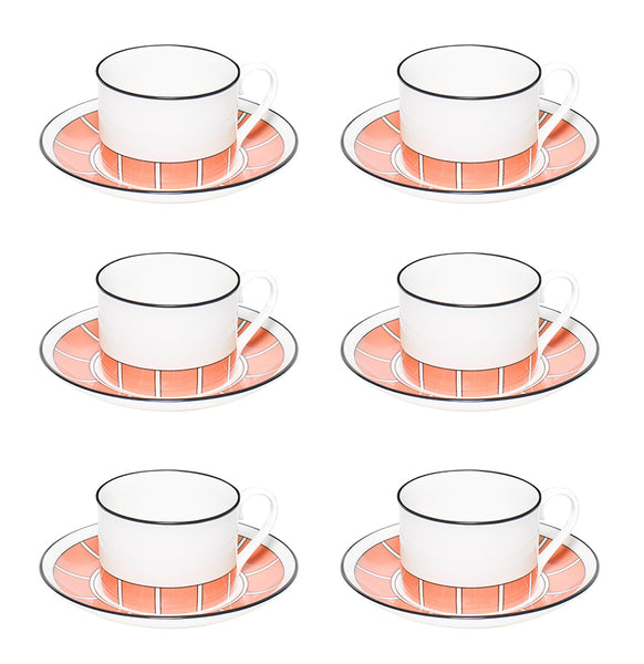 Stripe Coral/White Teacup & Saucer Set of 6 - SPECIAL OFFER
