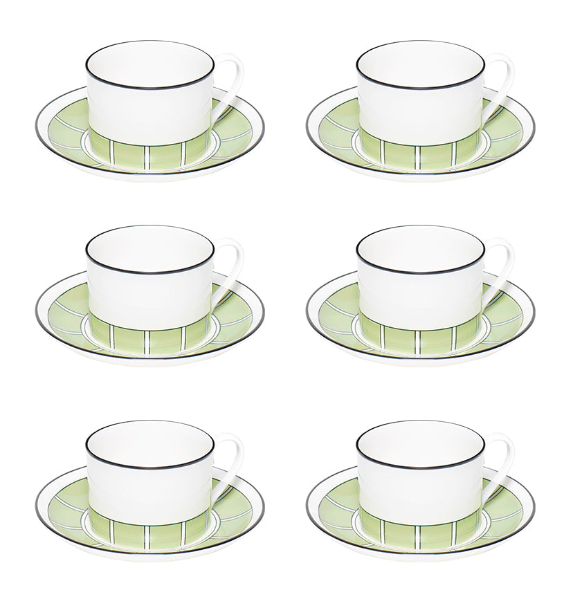 Stripe Apple Green/White Teacup & Saucer Set of 6 - SPECIAL OFFER