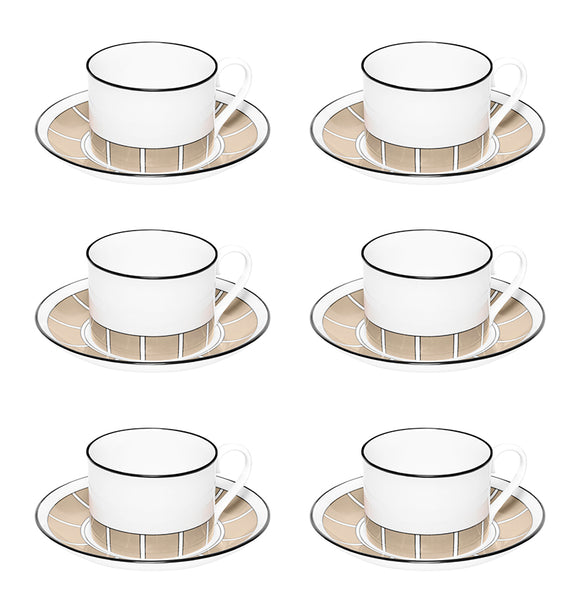 Stripe Truffle/White Teacup & Saucer Set of 6 - SPECIAL OFFER