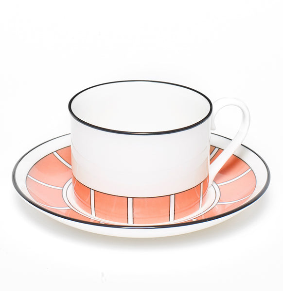 Stripe Coral/White Teacup & Saucer